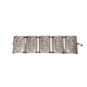 Floral Wide Link Cuff Panel Bracelet Lobster Closure Silver Tone